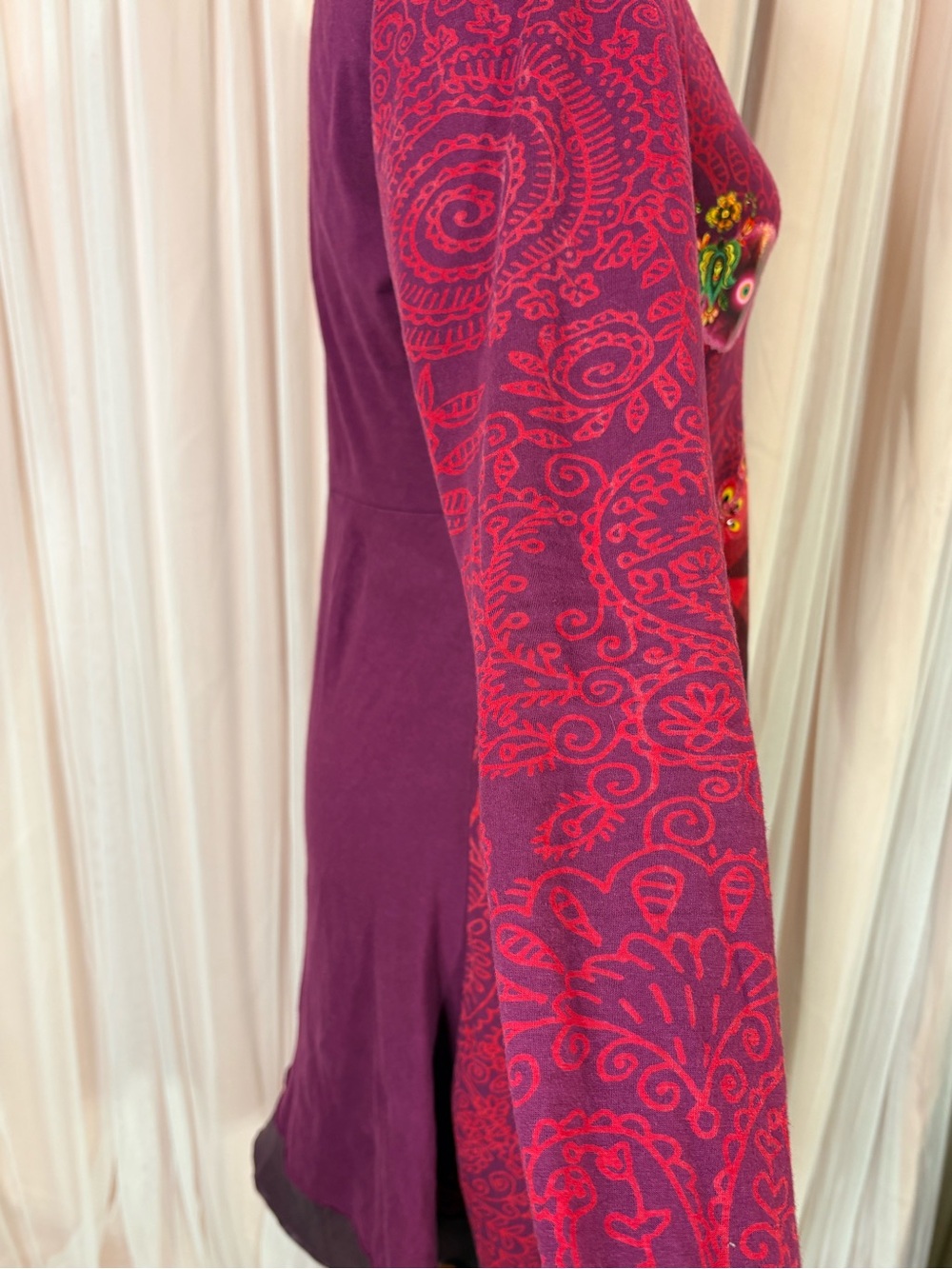 Desigual M Burgundy Patchwork Floral Rhinestone Long Sleeve Dress Y2K Boho - Picture 8 of 12